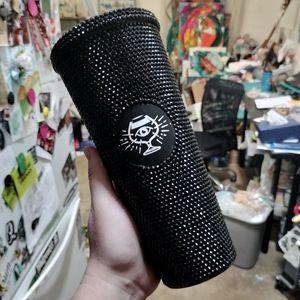 Black Rhinestone Studded 24oz Tumbler w/ Straw Seeing Eye Beer Glass